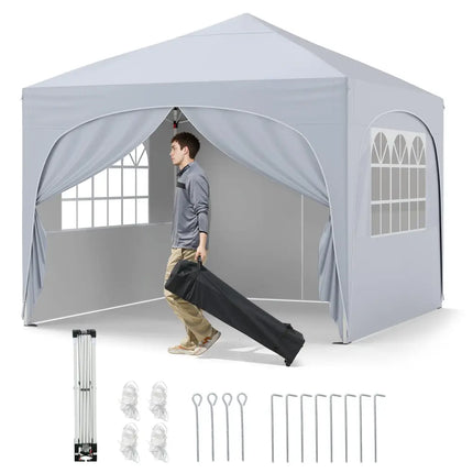 10 X 10 FT Pop up Canopy Tent with 4 Removable Sidewall-White - White - Canopies