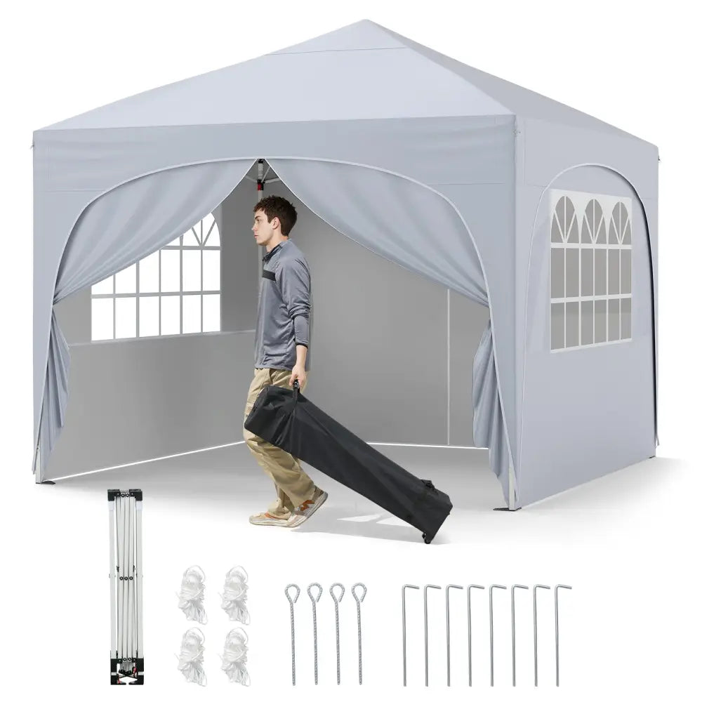 10 X 10 FT Pop up Canopy Tent with 4 Removable Sidewall-White - White - Canopies