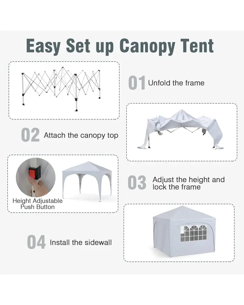10 X 10 FT Pop up Canopy Tent with 4 Removable Sidewall-White - White - Canopies