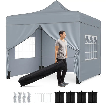 10 x 10 FT Pop up Canopy Tent with 4 Removable Sidewalls and Wheeled Bag-Gray - Gray - Canopies