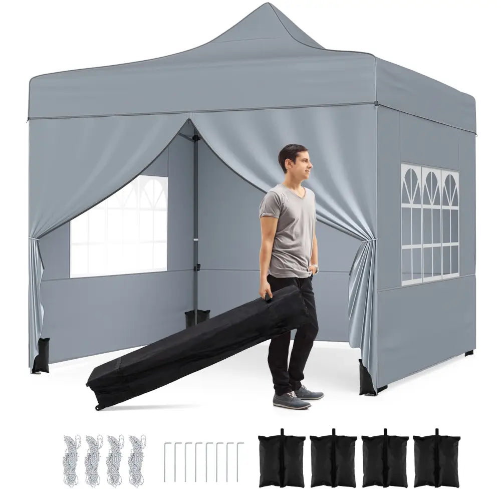 10 x 10 FT Pop up Canopy Tent with 4 Removable Sidewalls and Wheeled Bag-Gray - Gray - Canopies
