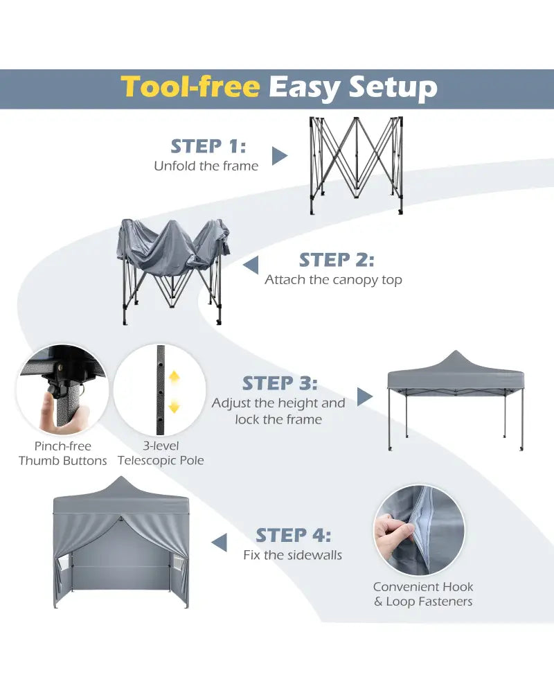 10 x 10 FT Pop up Canopy Tent with 4 Removable Sidewalls and Wheeled Bag-Gray - Gray - Canopies
