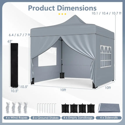10 x 10 FT Pop up Canopy Tent with 4 Removable Sidewalls and Wheeled Bag-Gray - Gray - Canopies