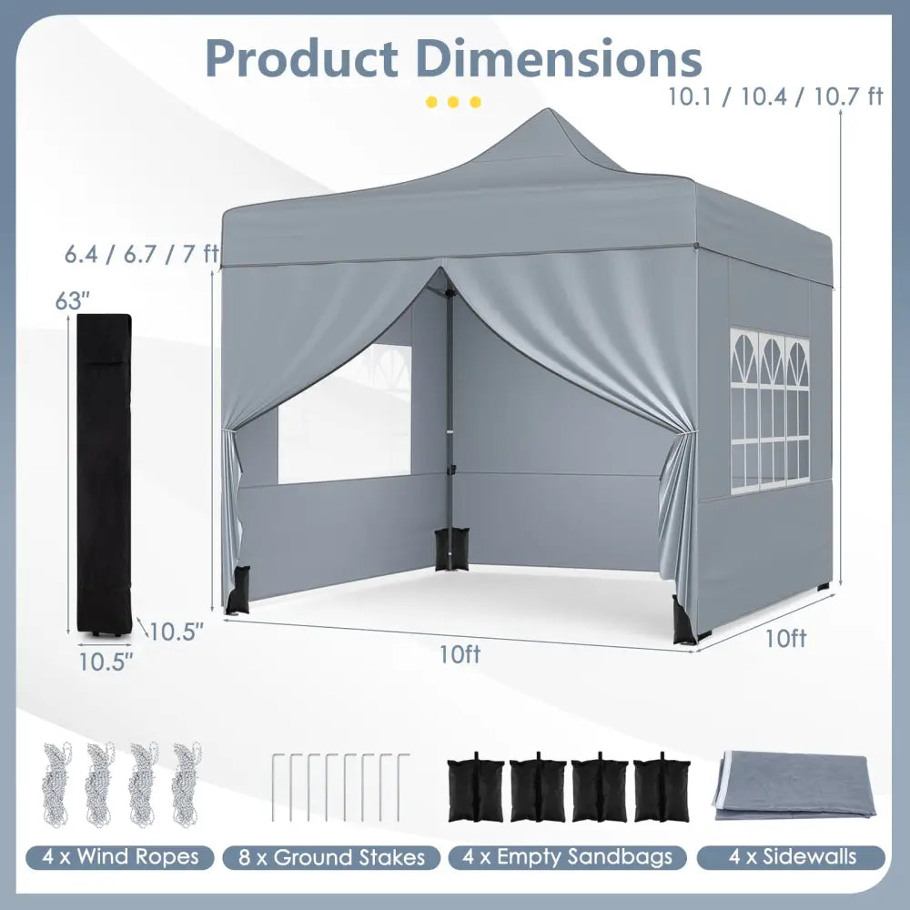 10 x 10 FT Pop up Canopy Tent with 4 Removable Sidewalls and Wheeled Bag-Gray - Gray - Canopies