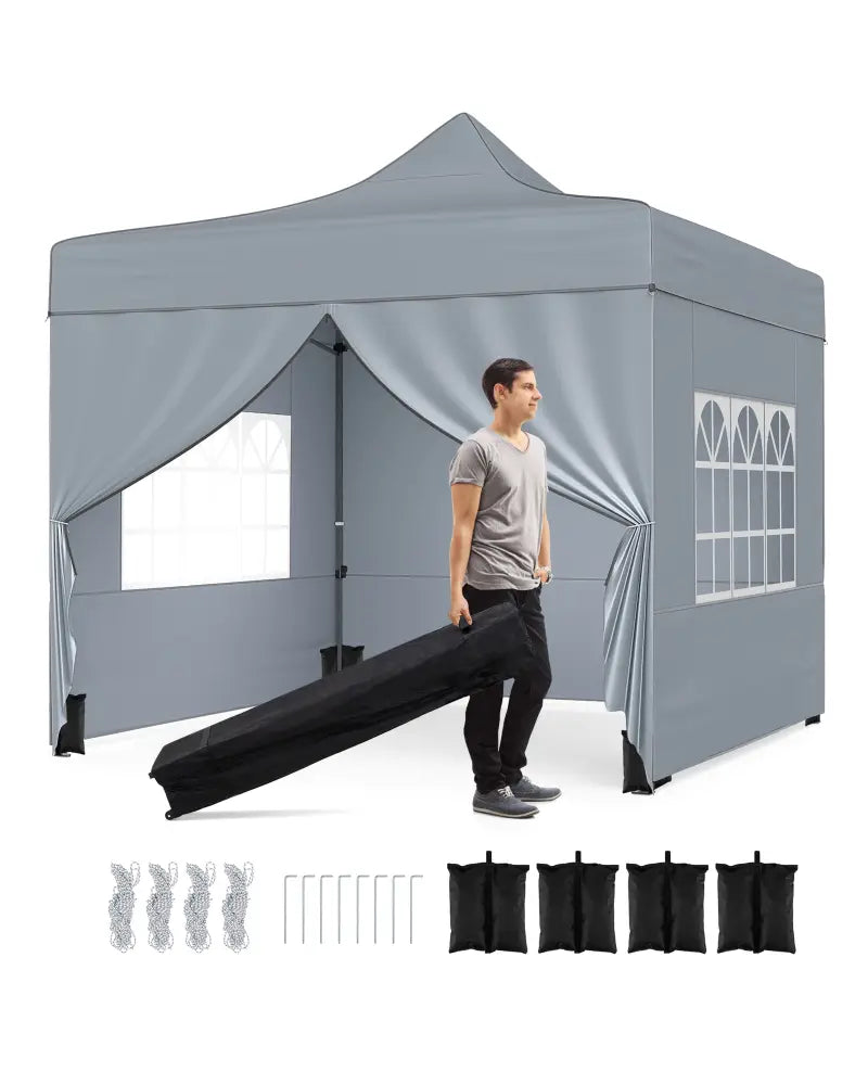 10 x 10 FT Pop up Canopy Tent with 4 Removable Sidewalls and Wheeled Bag-Gray - Gray - Canopies