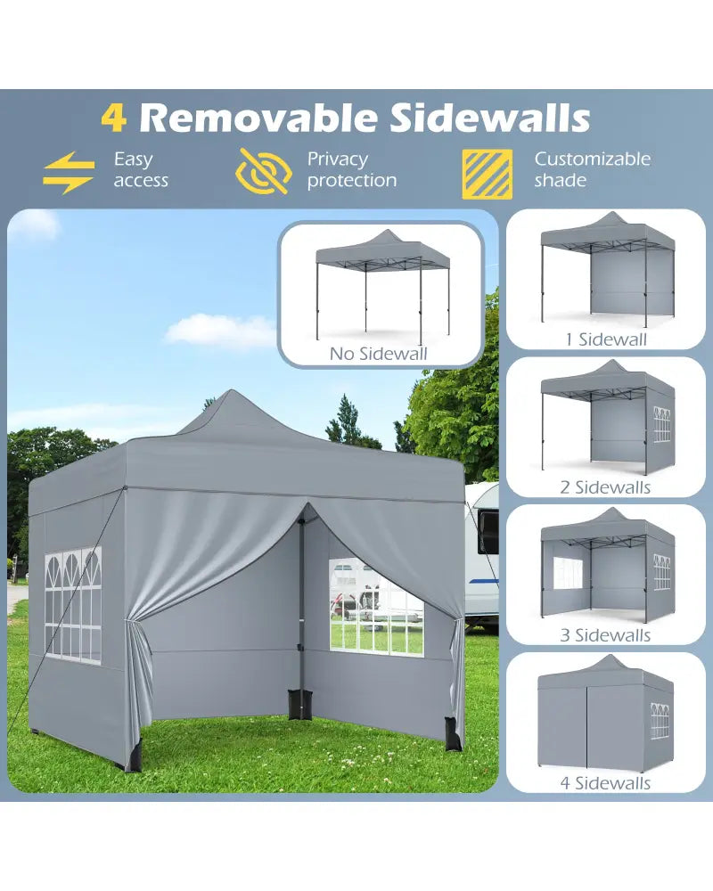 10 x 10 FT Pop up Canopy Tent with 4 Removable Sidewalls and Wheeled Bag-Gray - Gray - Canopies