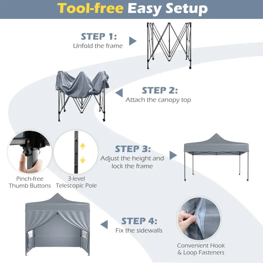 10 x 10 FT Pop up Canopy Tent with 4 Removable Sidewalls and Wheeled Bag-Gray - Gray - Canopies