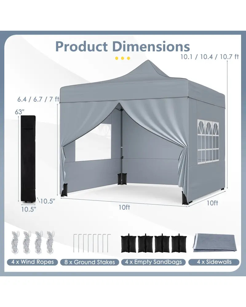 10 x 10 FT Pop up Canopy Tent with 4 Removable Sidewalls and Wheeled Bag-Gray - Gray - Canopies