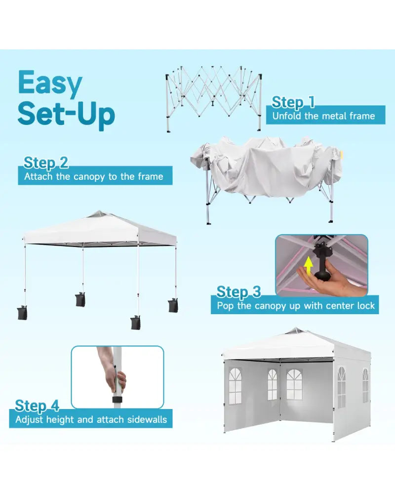 10 x 10 FT Pop Up Canopy Tent with 4 Sidewalls and Adjustable Height Waterproof-White - White - Canopies