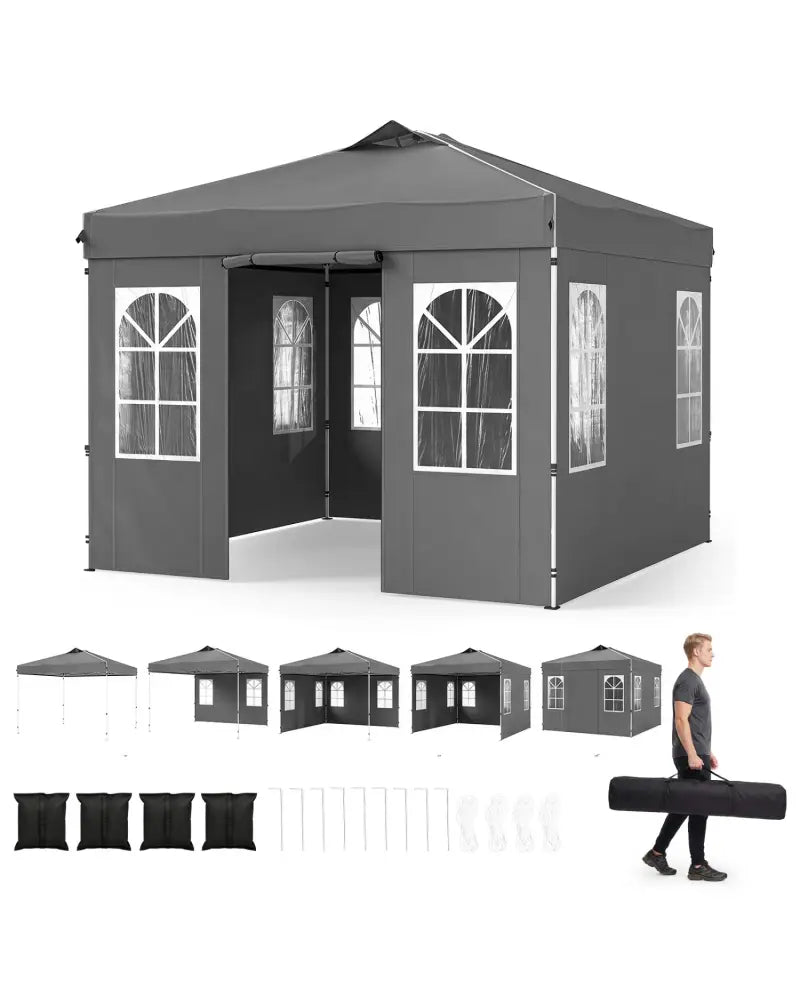 10 x 10 FT Pop Up Canopy Tent with 4 Sidewalls and Adjustable Height Waterproof-Gray - Gray - Canopies