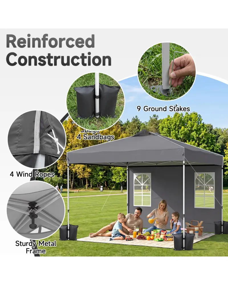 10 x 10 FT Pop Up Canopy Tent with 4 Sidewalls and Adjustable Height Waterproof-Gray - Gray - Canopies