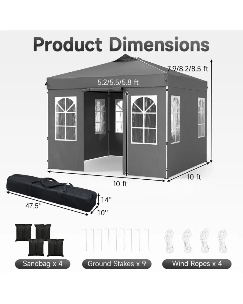 10 x 10 FT Pop Up Canopy Tent with 4 Sidewalls and Adjustable Height Waterproof-Gray - Gray - Canopies