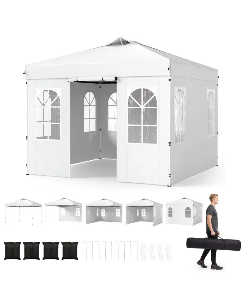10 x 10 FT Pop Up Canopy Tent with 4 Sidewalls and Adjustable Height Waterproof-White - White - Canopies