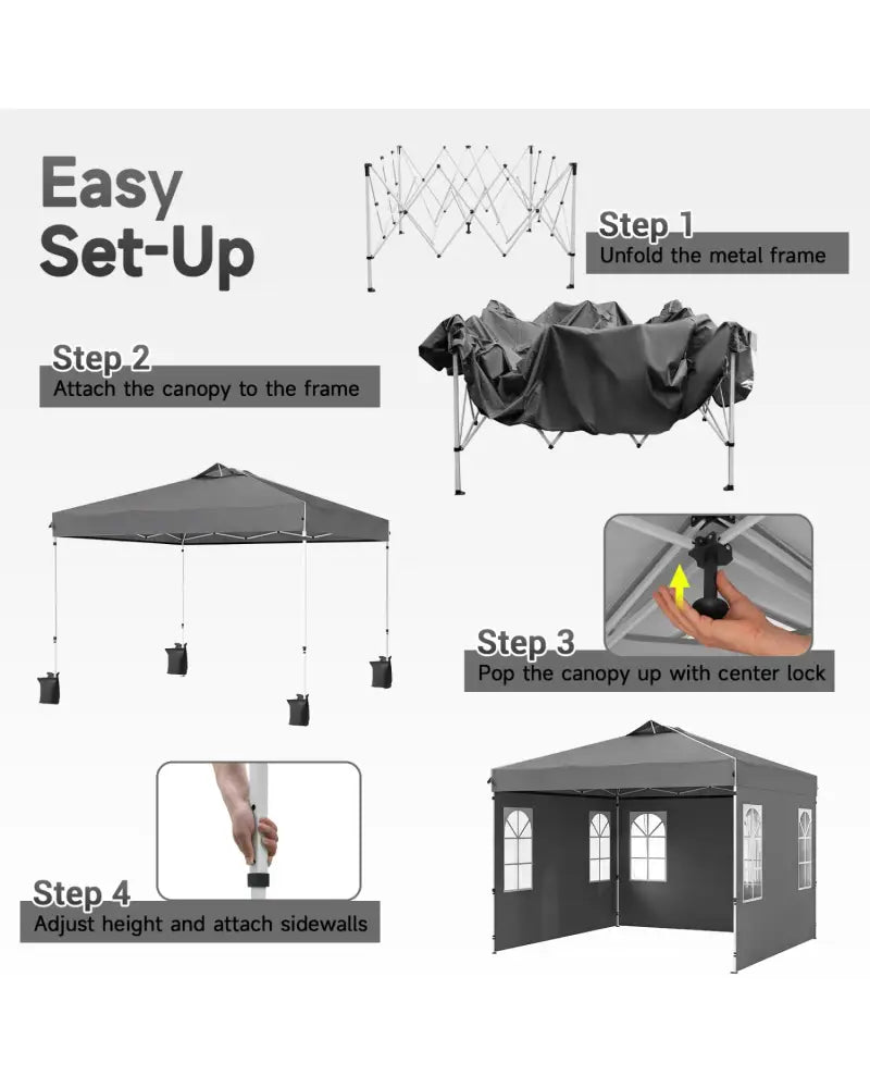 10 x 10 FT Pop Up Canopy Tent with 4 Sidewalls and Adjustable Height Waterproof-Gray - Gray - Canopies