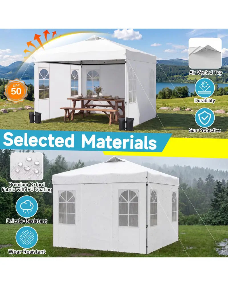 10 x 10 FT Pop Up Canopy Tent with 4 Sidewalls and Adjustable Height Waterproof-White - White - Canopies
