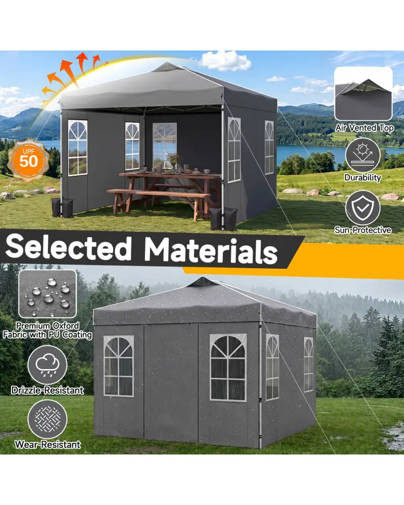 10 x 10 FT Pop Up Canopy Tent with 4 Sidewalls and Adjustable Height Waterproof-Gray - Gray - Canopies