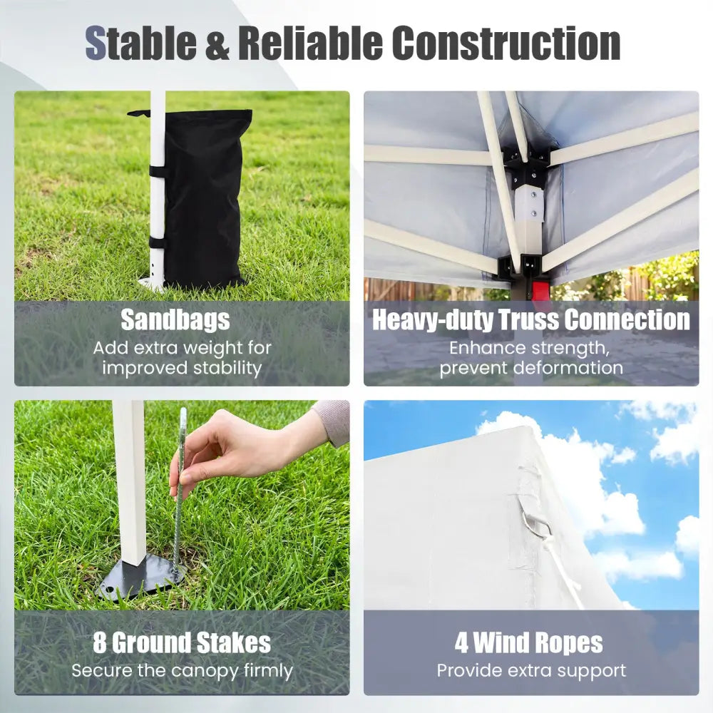 10 x 10 FT Pop up Canopy Tent with Sidewall 6 Pockets Instant Setup Commercial Gazebo-White - White - Canopies