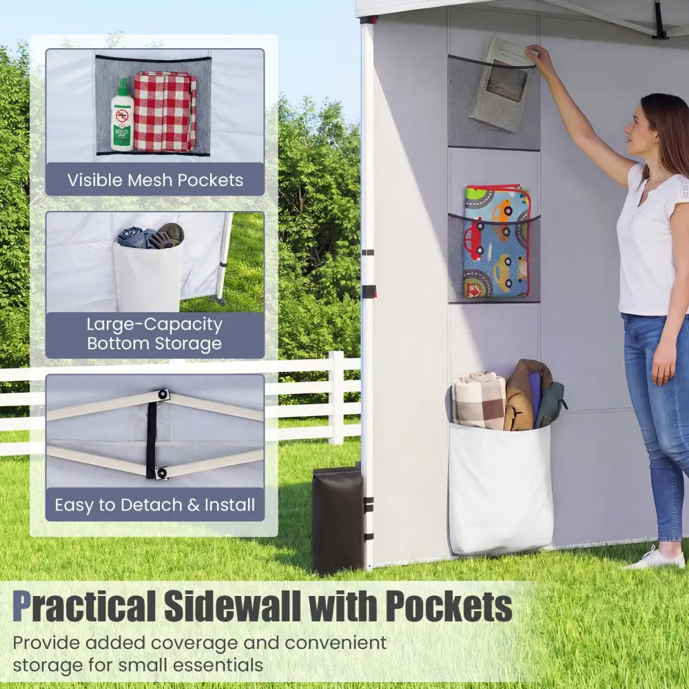 10 x 10 FT Pop up Canopy Tent with Sidewall 6 Pockets Instant Setup Commercial Gazebo-White - White - Canopies