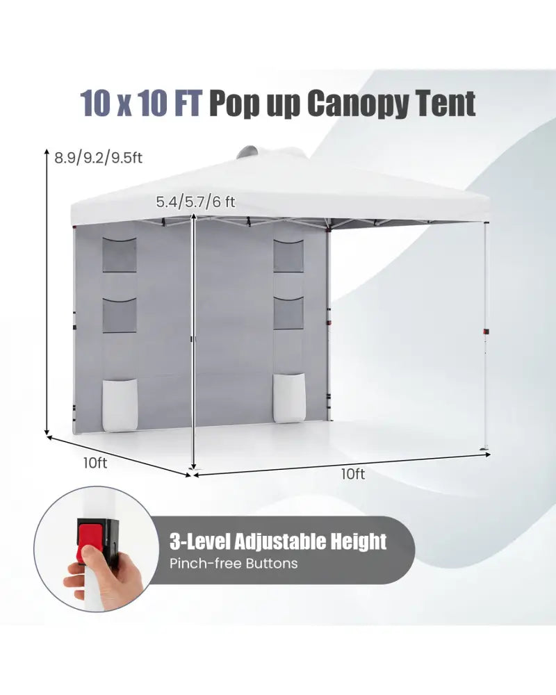 10 x 10 FT Pop up Canopy Tent with Sidewall 6 Pockets Instant Setup Commercial Gazebo-White - White - Canopies