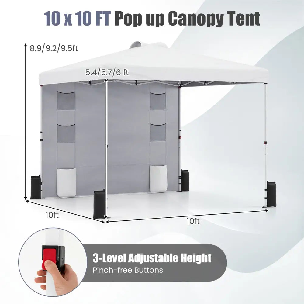 10 x 10 FT Pop up Canopy Tent with Sidewall 6 Pockets Instant Setup Commercial Gazebo-White - White - Canopies