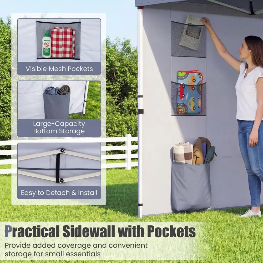 10 x 10 FT Pop up Canopy Tent with Sidewall 6 Pockets Instant Setup Commercial Gazebo-Gray - Gray - Canopies