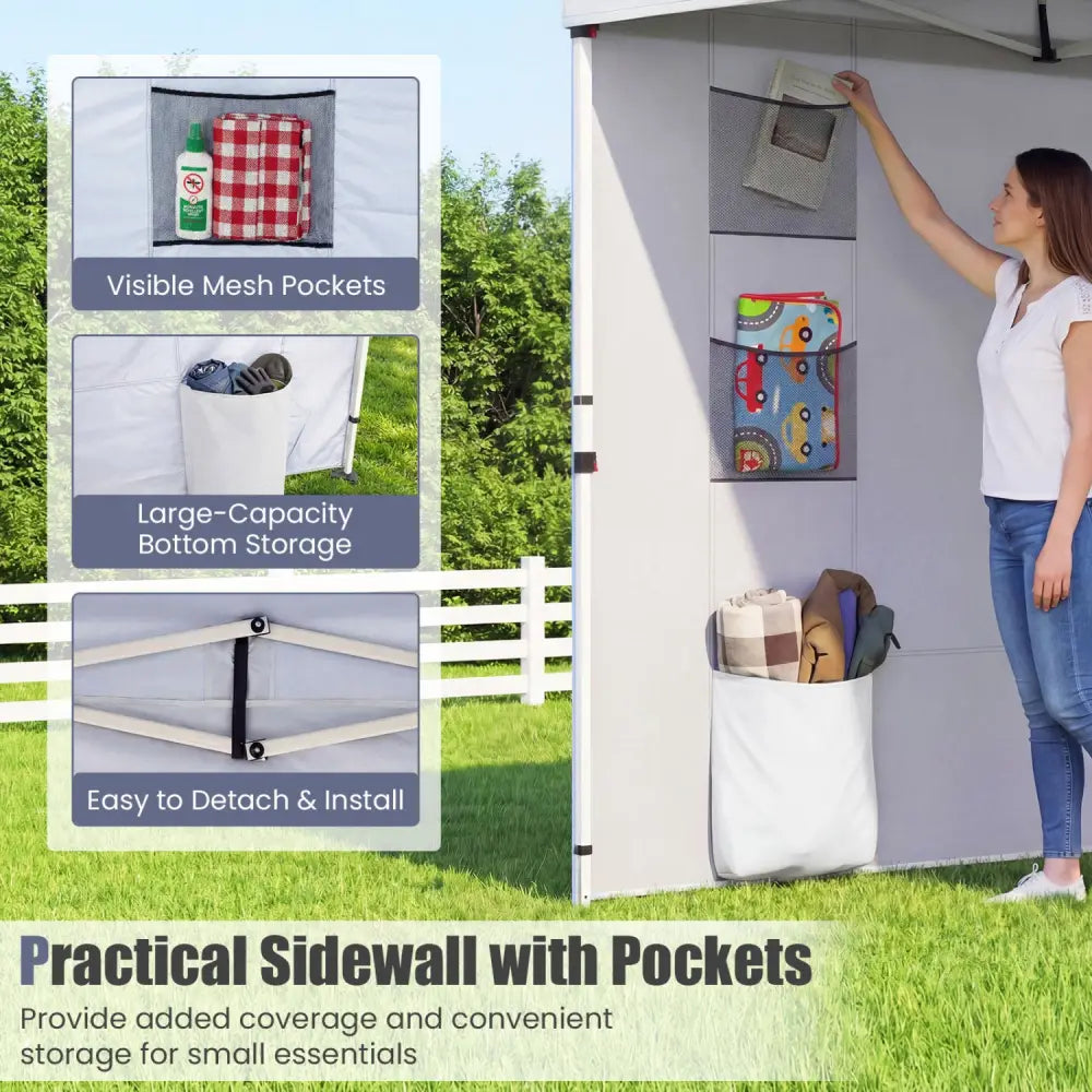 10 x 10 FT Pop up Canopy Tent with Sidewall 6 Pockets Instant Setup Commercial Gazebo-White - White - Canopies