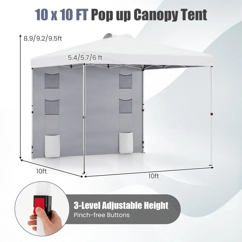 10 x 10 FT Pop up Canopy Tent with Sidewall 6 Pockets Instant Setup Commercial Gazebo-White - White - Canopies