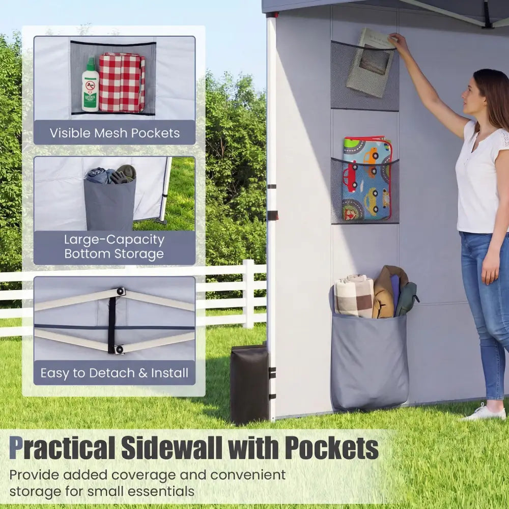 10 x 10 FT Pop up Canopy Tent with Sidewall 6 Pockets Instant Setup Commercial Gazebo-Gray - Gray - Canopies