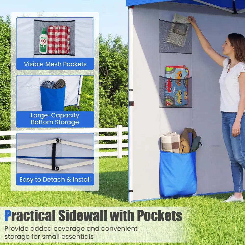 10 x 10 FT Pop up Canopy Tent with Sidewall 6 Pockets Instant Setup Commercial Gazebo-Blue - Blue - Canopies