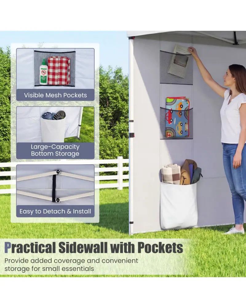 10 x 10 FT Pop up Canopy Tent with Sidewall 6 Pockets Instant Setup Commercial Gazebo-White - White - Canopies