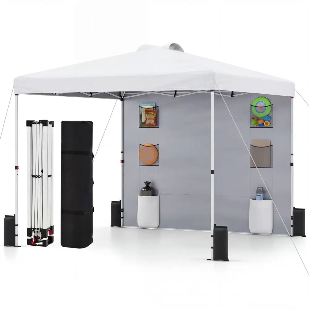 10 x 10 FT Pop up Canopy Tent with Sidewall 6 Pockets Instant Setup Commercial Gazebo-White - White - Canopies