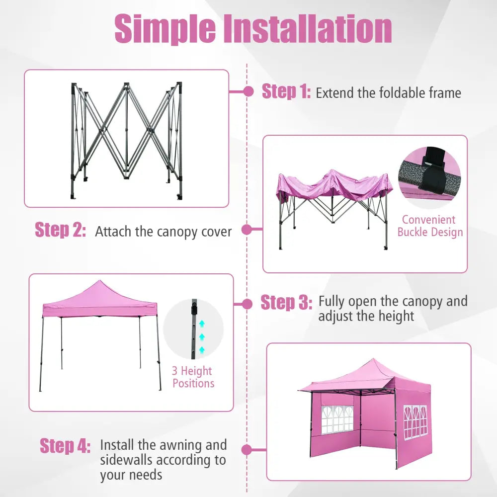 10 x 10 FT Pop up Canopy Tent with Sidewalls and Awning for Party Picnic Event-Pink - Pink - Canopies