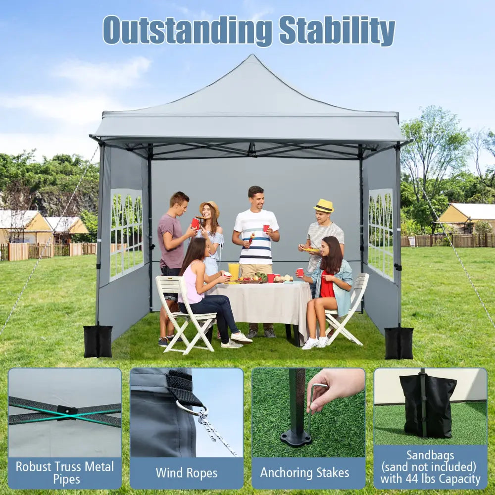 10 x 10 FT Pop up Canopy Tent with Sidewalls and Awning for Party Picnic Event-Gray - Gray - Canopies