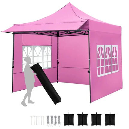 10 x 10 FT Pop up Canopy Tent with Sidewalls and Awning for Party Picnic Event-Pink - Pink - Canopies