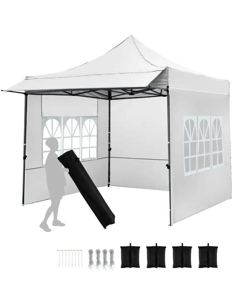 10 x 10 FT Pop up Canopy Tent with Sidewalls and Awning for Party Picnic Event-White - White - Canopies