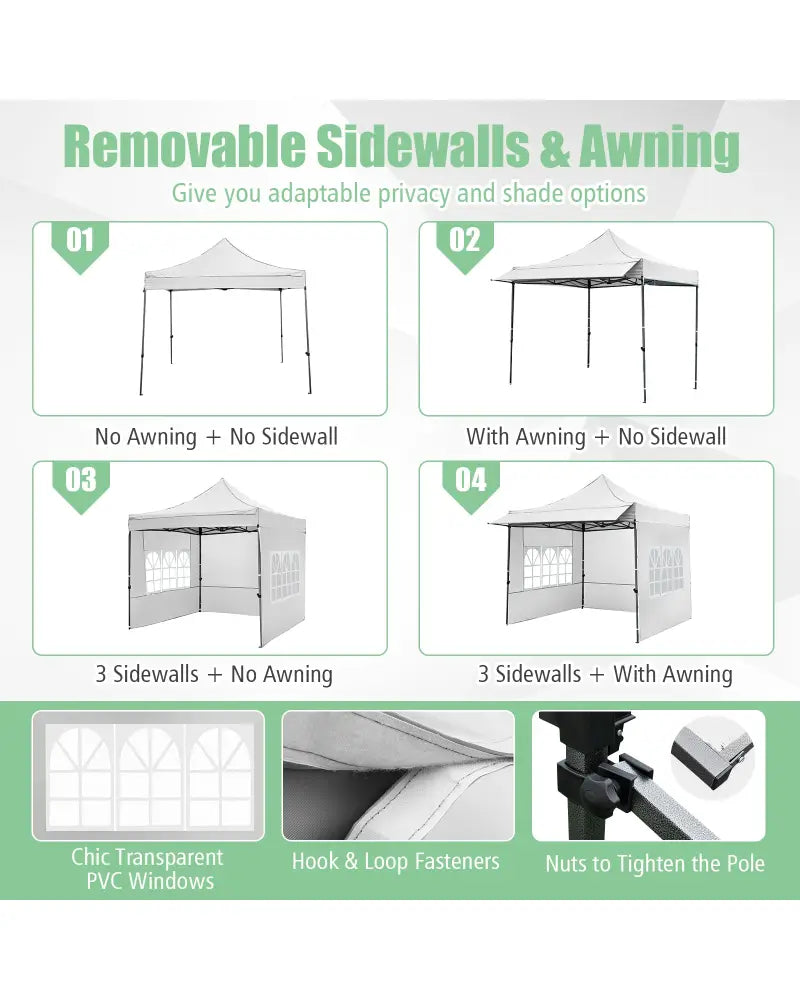 10 x 10 FT Pop up Canopy Tent with Sidewalls and Awning for Party Picnic Event-White - White - Canopies