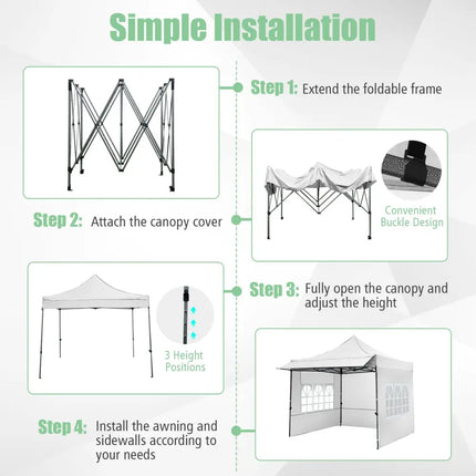 10 x 10 FT Pop up Canopy Tent with Sidewalls and Awning for Party Picnic Event-White - White - Canopies