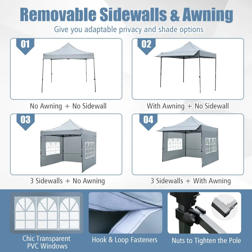 10 x 10 FT Pop up Canopy Tent with Sidewalls and Awning for Party Picnic Event-Gray - Gray - Canopies