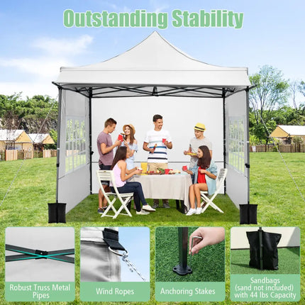 10 x 10 FT Pop up Canopy Tent with Sidewalls and Awning for Party Picnic Event-White - White - Canopies