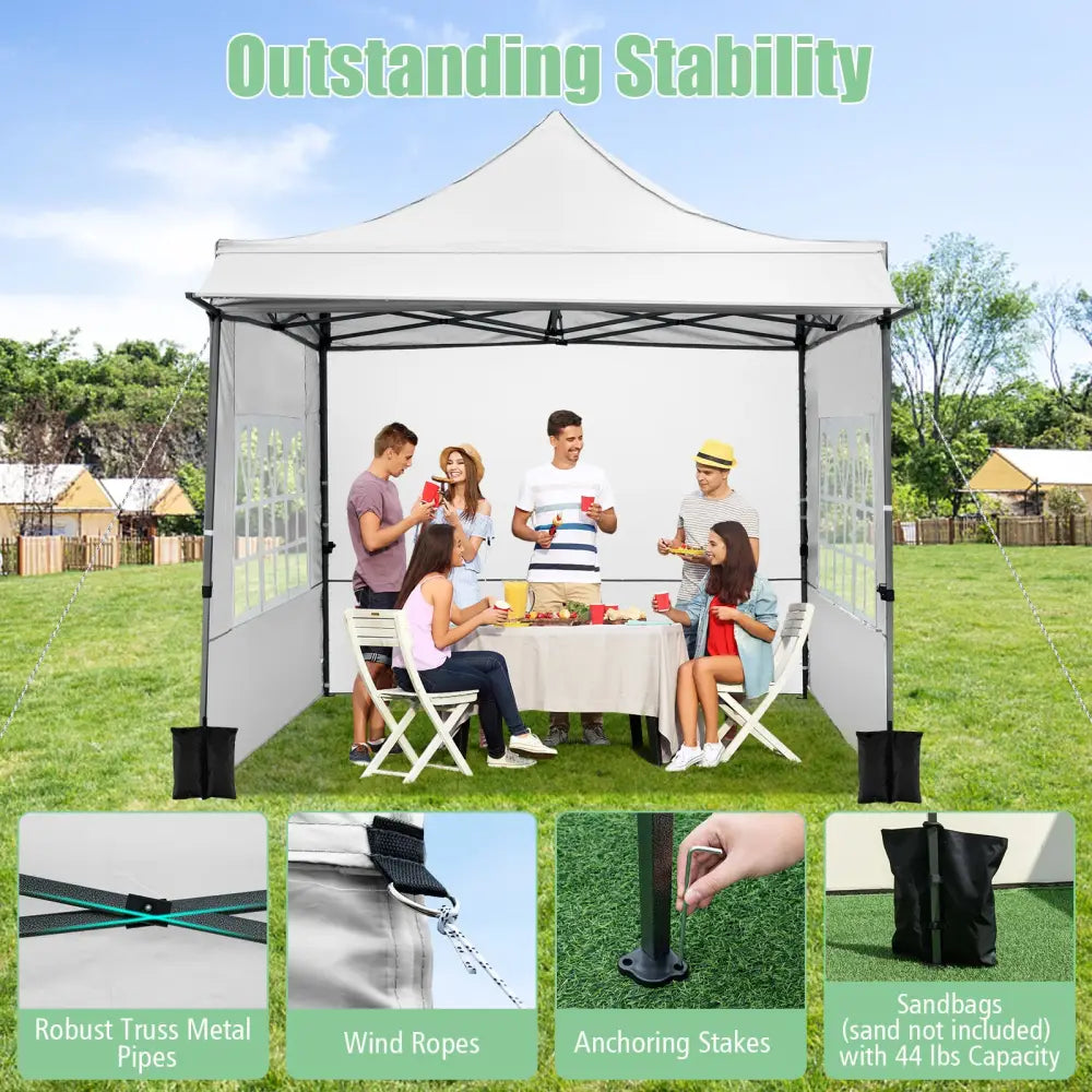 10 x 10 FT Pop up Canopy Tent with Sidewalls and Awning for Party Picnic Event-White - White - Canopies
