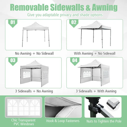 10 x 10 FT Pop up Canopy Tent with Sidewalls and Awning for Party Picnic Event-White - White - Canopies