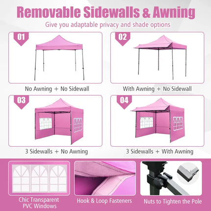 10 x 10 FT Pop up Canopy Tent with Sidewalls and Awning for Party Picnic Event-Pink - Pink - Canopies