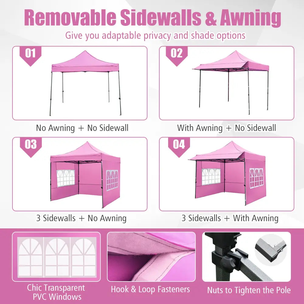 10 x 10 FT Pop up Canopy Tent with Sidewalls and Awning for Party Picnic Event-Pink - Pink - Canopies
