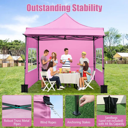 10 x 10 FT Pop up Canopy Tent with Sidewalls and Awning for Party Picnic Event-Pink - Pink - Canopies