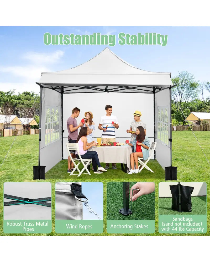 10 x 10 FT Pop up Canopy Tent with Sidewalls and Awning for Party Picnic Event-White - White - Canopies
