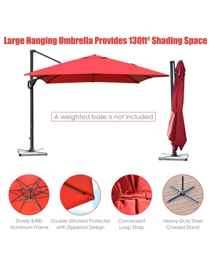 10 x13 Feet Rectangular Cantilever Umbrella with 360° Rotation Function-Wine - Red - Outdoor Umbrellas
