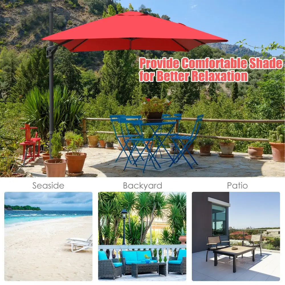 10 x13 Feet Rectangular Cantilever Umbrella with 360° Rotation Function-Wine - Red - Outdoor Umbrellas