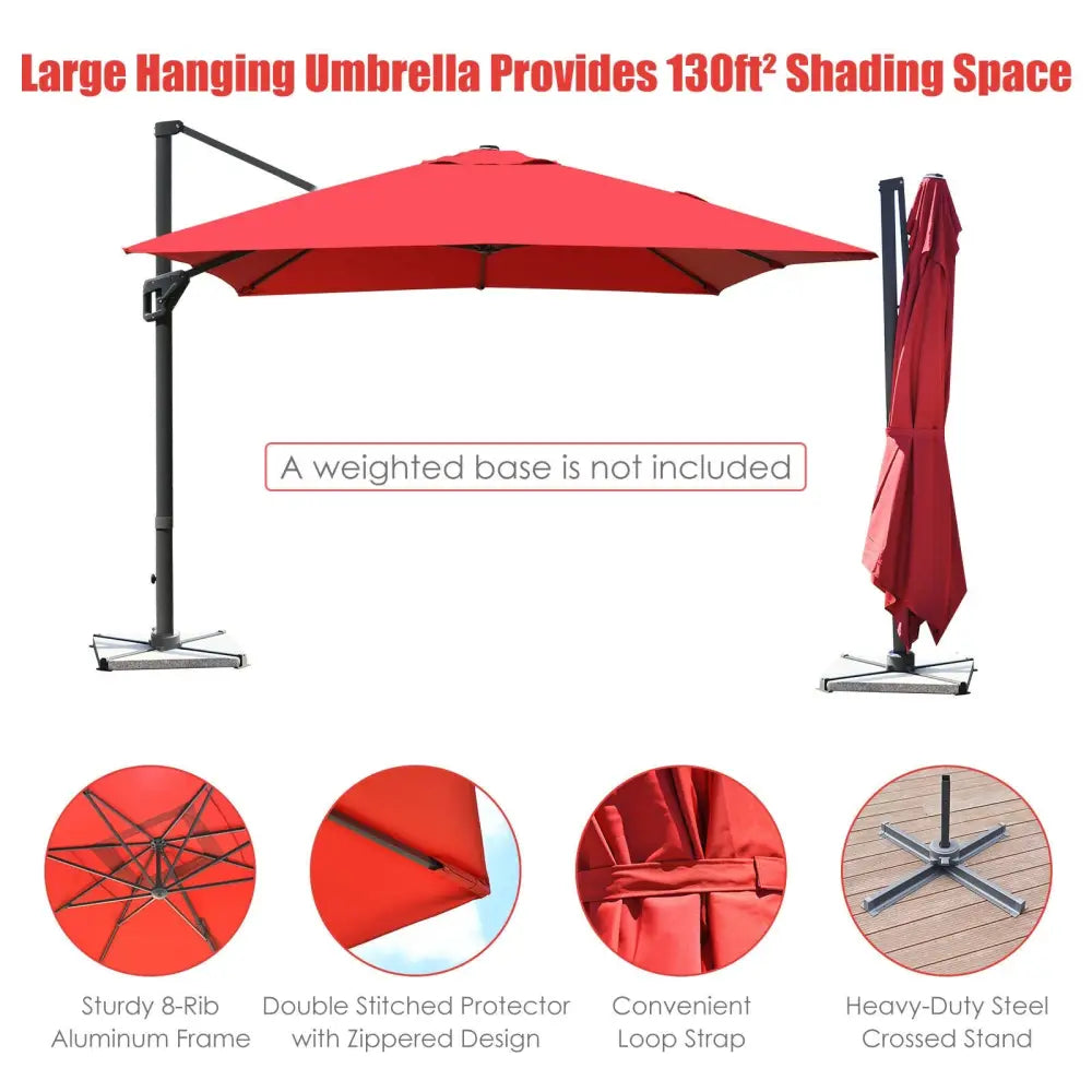10 x13 Feet Rectangular Cantilever Umbrella with 360° Rotation Function-Wine - Red - Outdoor Umbrellas