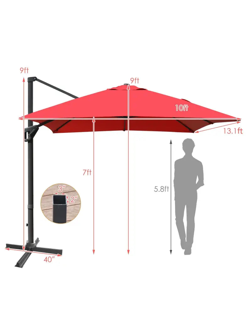 10 x13 Feet Rectangular Cantilever Umbrella with 360° Rotation Function-Wine - Red - Outdoor Umbrellas