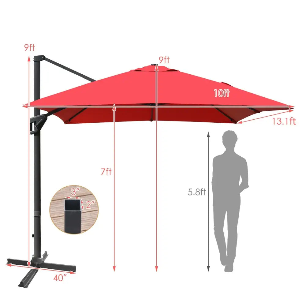 10 x13 Feet Rectangular Cantilever Umbrella with 360° Rotation Function-Wine - Red - Outdoor Umbrellas